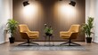 © Iaroslav - Professional recording podcast studio blogger setup featuring two armchairs, a microphone, a small table, lamps, and a minimalist design, ready for podcasting or interviews