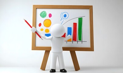 Wall Mural - White figure presenting data charts on whiteboard; growth concept; studio background; business presentation