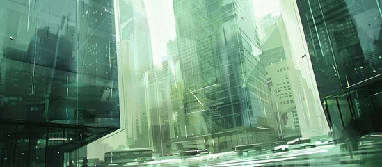 Wall Mural - Futuristic city street with glass skyscrapers and blurred vehicles.