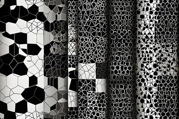 Wall Mural - Black and white cell seamless patterns vector set. Irregular geometric shapes repeated backdrop. Generative AI