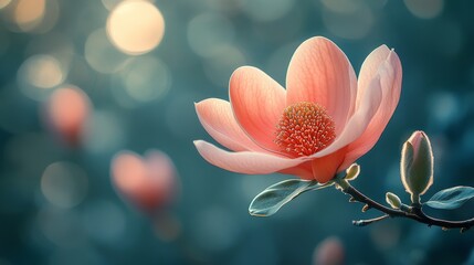 Wall Mural - Macro shot of blooming pink magnolia flower with soft sunlight and bokeh background