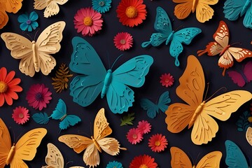 Wall Mural - Paper art style colorful florals butterflies seamless pattern design wallpaper Generative AI