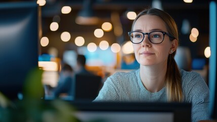 Woman IT programmer developer concentrating on a project in a modern office setting, with code displayed on screens and a blurred background of colleagues workspace