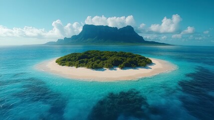 Wall Mural - Tropical island paradise aerial view, lush vegetation, turquoise ocean, mountain background, travel brochure