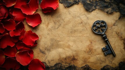 Vintage key on textured background with red rose petals and lace