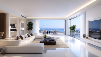 Wall Mural - Modern bright interiors, Spacious living room with sleek modern furniture, bright design, minimalist decor, 