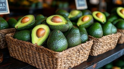 Wall Mural - Fresh green avocados displayed in woven baskets at a market stand