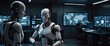 © HumblePride - The Rise of the Machines: Two advanced humanoid robots stand in a futuristic high-tech environment, their presence hinting at an evolving world where technology and human interaction intertwine.
