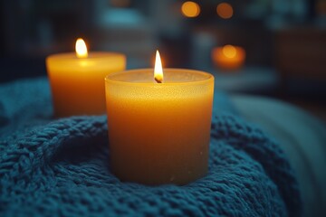 Wall Mural - Warm candlelight on a cozy blue knit blanket in tranquil home setting