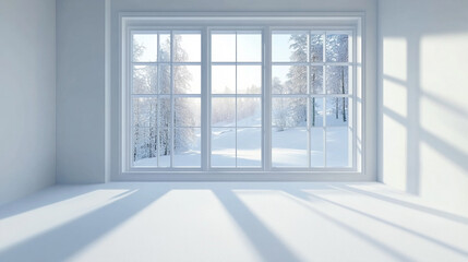 Wall Mural - Empty room with window, Scandinavian-Style Room with Sofa and Winter Scenery