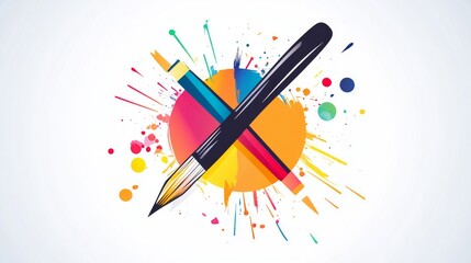 74.A vibrant vector design featuring a gradient line icon of a brush crossed with a pencil, encircled by colorful geometric shapes on a clean white background.