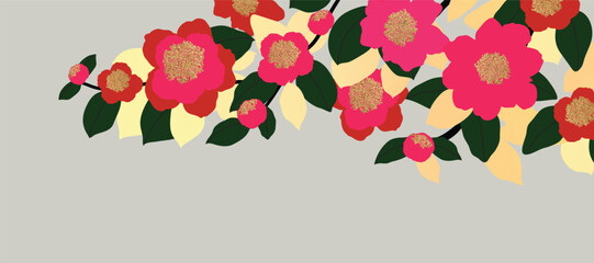 Wall Mural - luxury gold summer and spring flower background vector. natural botanical elegant with red magnolia 