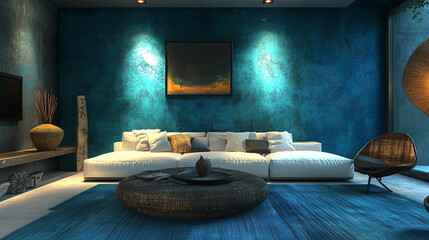 Wall Mural - Modern living room interior with comfortable blue sofa and elegant decor accents, Serene Evening Living Room Interior Design