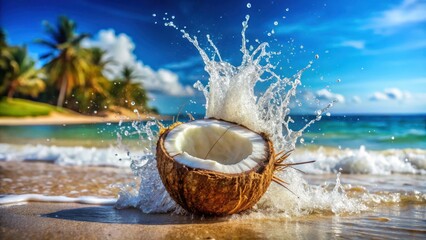 Wall Mural - Cracked coconut on a tropical beach with water splash, outdoor, coconut,  outdoor, coconut, island, wave, sea, tropical