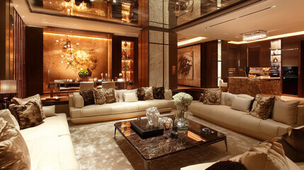 Wall Mural - Elegant Black and Gold Living Room Interior Design, Luxury Hotel Lobby Interior Design