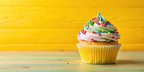 Wall Mural - Colorful birthday cupcake with swirly frosting and sprinkles on a bright yellow background, placed on a white table in a cozy home setting , tableware, spring