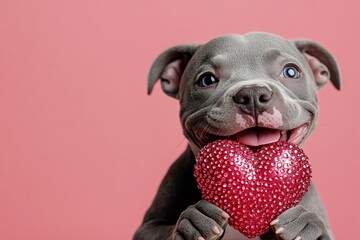 Wall Mural - Cute staffordshire bull terrier canine with sparkling rhinestones red heart - sign of love, funny greeting card. Staffordshire bull terrier - my cherished dog. Promotion graphic. Love animals.