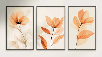 three sleek abstract art posters in a minimalistic style, displayed together on a white wall. flower