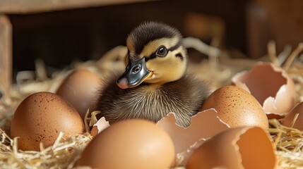 Adorable duckling among broken eggs in nest