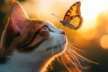 Wall Mural - Curious cat observing a butterfly at sunset