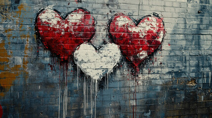 Wall Mural - A captivating urban graffiti mural with a heart-themed composition, where red and white hearts appear to melt into a gritty gray brick wall