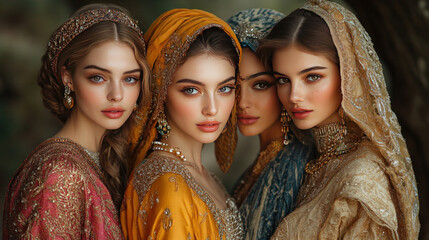 Diverse models posing confidently in elegant traditional attire from different cultures