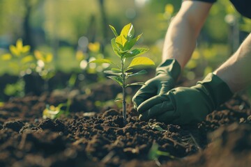 Green-gloved hands carefully plant young sapling into rich soil in outdoor reforestation setting with soft natural sunlight vibrant green leaves, symbolizing growth, renewal, environmental.