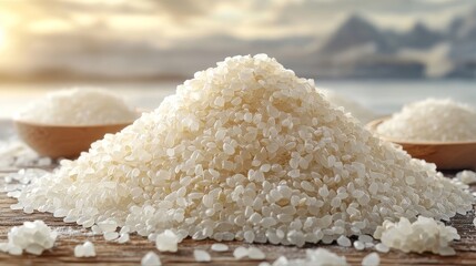 Wall Mural - Pile of white rice grains on wooden table with rustic background at sunset