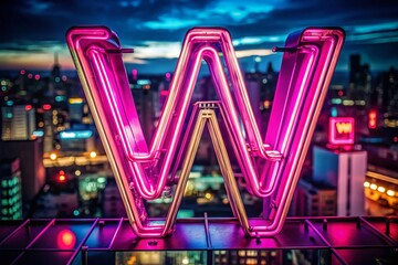 Aerial Night Shot: Neon Pink Fluorescent Tube 'w' - Bright Alphabet Letter