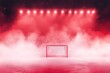 © Atmospheric stock - Hockey goal on ice rink with red smoke and bright lights