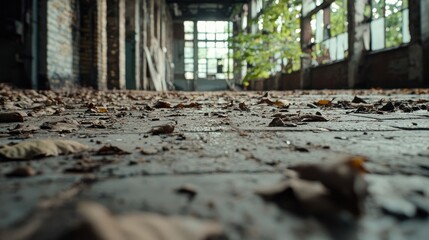 Wall Mural - Abandoned factory floor, autumn leaves, light, decay, industrial background