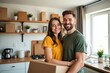 © NeedMoreMars - A Happy Young Couple Enjoying a New Home Together in Their Modern Kitchen Filled with Boxes and Plants, Symbolizing New Beginnings and Fresh Starts
