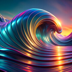 Abstract Metallic Ocean Wave at Sunset. Iridescent Digital Art