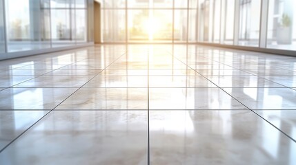 Poster - Sunlight illuminating empty modern interior with reflections on polished tile floor