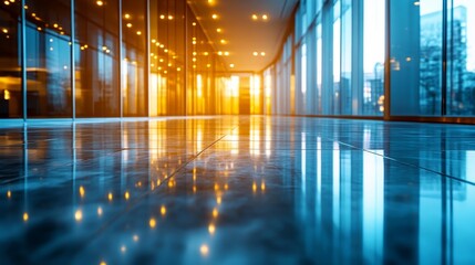 Poster - Modern office building corridor with reflective marble floor and warm lighting