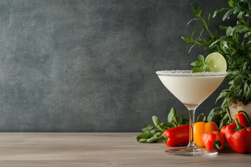 Wall Mural - Refreshing cocktail garnished with lime, surrounded by vibrant p