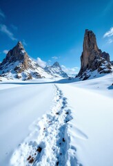 Wall Mural - Footprints in deep snow leading to rugged mountain peaks