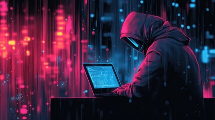 Hooded figure coding on laptop at night.