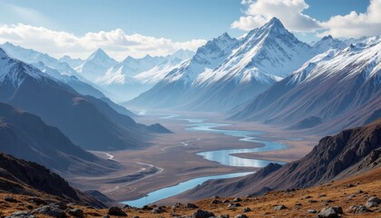 Wall Mural - Snow-Capped Mountains with Winding River Valley