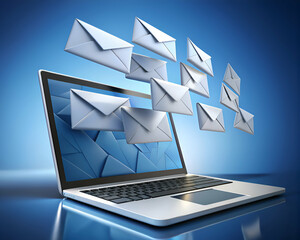 Digital Communication. Emails Flying into Laptop Screen