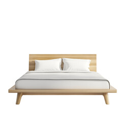 Poster - A clean and modern wooden platform bed with white bedding is shown from a frontal perspective.
