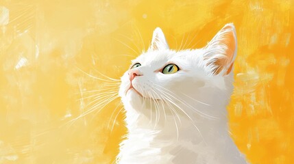 Wall Mural - White cat looking up against a yellow background.