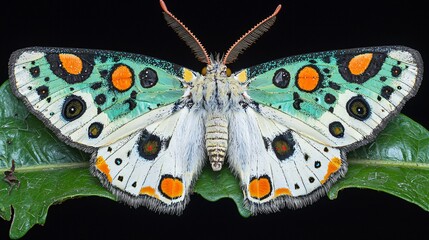 Wall Mural - Colorful moth on leaf, macro shot, black background, nature photography