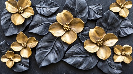 Wall Mural - Gold & black flowers, textured art, dark background, home decor