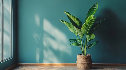 Wall Mural - Indoor Greenery a Lush Plant in Pot Against Teal Wall Sunlight Streaming Through Window Calm Interior.