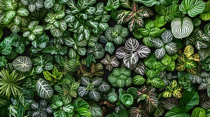 Wall Mural - Lush green foliage wall, indoor garden, plants texture, nature background, botanical design