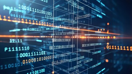 Futuristic digital data streams: blue and orange binary code motion
