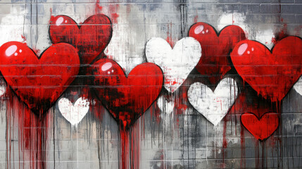 Wall Mural - A breathtaking abstract graffiti-style mural, where vibrant red and white hearts blend seamlessly into a textured gray brick backdrop