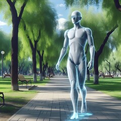 Wall Mural - a humanoid avatar walking alongside its user in a park, seamlessly blending into the real world thro