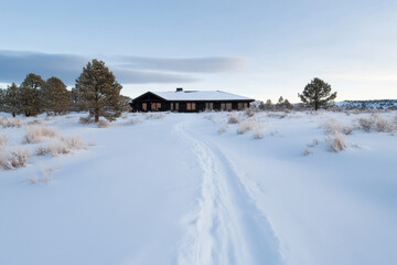 Wall Mural - A house is in the snow with a path leading to it